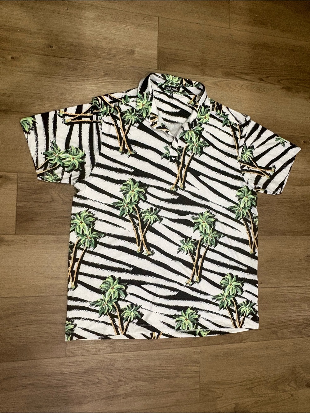 Bad Birdie Striped Palm Print Polo Shirt - White/Black/Green